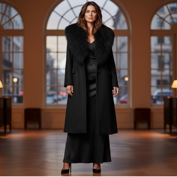 Banana Republic Black Wool Coat Removable Angora Fur Collar Medium Like New - Picture 12 of 12